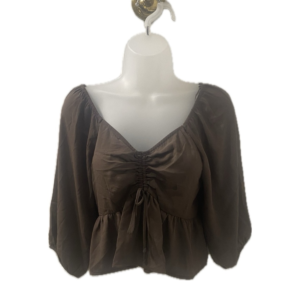 Pink Rose Peplum Cropped Blouse Cacao Brown S - Picture 2 of 6